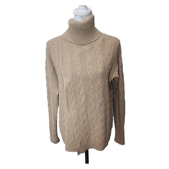 Kokun Cashmere Wool Cable Knit Turtleneck Tan Sweater Women's Small - Picture 1 of 11